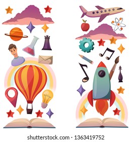 Imagination science concept. Back to school, creativity, travel. Little children study and grow.