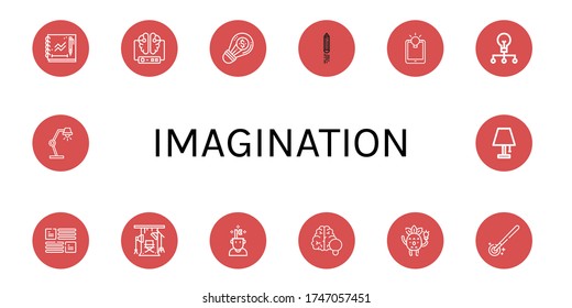 imagination simple icons set. Contains such icons as Sketchbook, Brain, Creative, Idea, Layout, Studio, Magic wand, Lamp, can be used for web, mobile and logo
