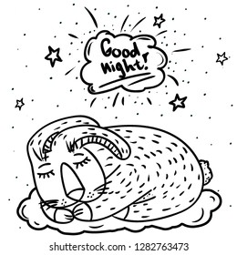 The imagination of sleeping rabbit on the cloud under the stars in vector graphic. Can be used for colouring.