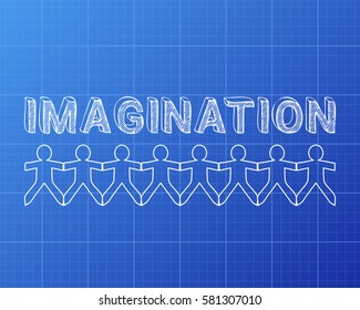 Imagination text hand drawn with paper people on blueprint background
