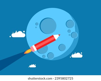 Imagination, thought development. Pencil rocket flying to the moon