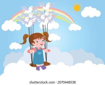 Imagination vector concept. Cute little girl sitting on the swing while flown by birds on the sky with rainbow background