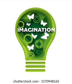 Imagination vector concept illustration in paper art craft modern style. Layered papercut green gear light bulb with white butterflies. Fantasy, dream, creative thinking, idea.