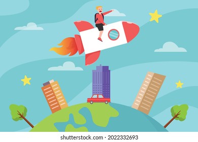 Imagination vector concept: Schoolboy riding a rocket on the sky while wearing backpack