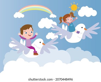 Imagination vector concept. Two happy kids riding bird while flying in the sky with rainbow background