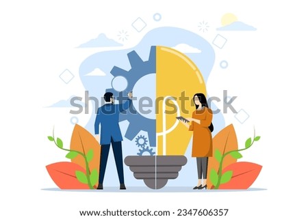 Imagination vision analysis. The process of generating a business idea or solution. find great ideas. symbol Light bulb, gear. new ideas and thoughts. Flat vector illustration on a white background.