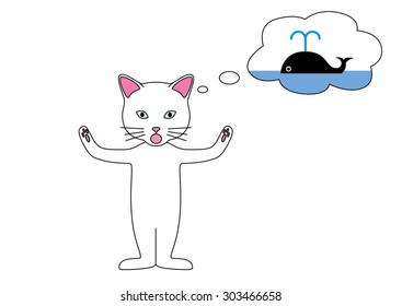 Imagination. White cat with a thought bubble. 