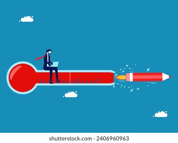 Imagination without boundaries. Businessman is working with a broken thermometer, a pencil rocket crashes into the thermometer