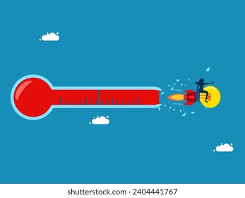 Imagination without boundaries. Businesswoman riding a lightbulb rocket flies through a broken mercury thermometer 