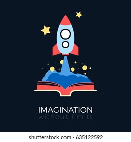 Imagination without limits: space exploration concept. Flat design vector illustration. Space rocket flying to stars from opened book. Simple and stylish, isolated on black background.