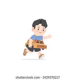 A Imaginative Asian Boy Be Happy With Playing Car Cardboard Box On White Background, Illustration Vector. Kids Concept