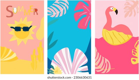 An imaginative backdrop featuring a picturesque seaside landscape, a vibrant sun, flamboyant foliage, and the playful presence of a flamingo. A collection of summer-themed posters. Vector.