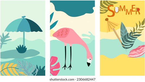 An imaginative backdrop featuring a picturesque seaside landscape, a vibrant sun, flamboyant foliage, and the playful presence of a flamingo. A collection of summer-themed posters. Vector.