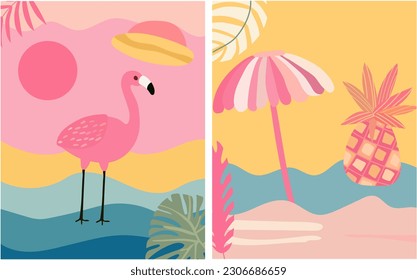 An imaginative backdrop featuring a picturesque seaside landscape, a vibrant sun, flamboyant foliage, and the playful presence of a flamingo. A collection of summer-themed posters. Vector.