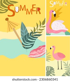 An imaginative backdrop featuring a picturesque seaside landscape, a vibrant sun, flamboyant foliage, and the playful presence of a flamingo. A collection of summer-themed posters. Vector.