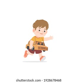 A imaginative boy be happy with playing car cardboard box on white background, illustration vector. Kids concept