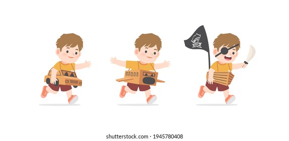 A Imaginative Boy Be Happy With Playing Car, Airplane, Boat Cardboard Box On White Background, Illustration Vector. Kids Concept