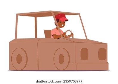 Imaginative Boy Character Joyfully Sits In A Cardboard Car, Steering Dreams Along Whimsical Roads Of Make-believe Adventure. Boundless Creativity Fuels The Journey. Cartoon People Vector Illustration