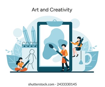 Imaginative Canvas concept. Artists bring to life the visions of their minds. Brushes stroke the outlines of creativity. Masterpieces waiting to emerge. Vector illustration