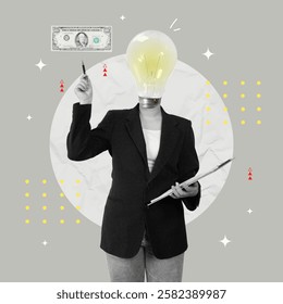 An imaginative collage style vector illustration featuring a businessperson with a lightbulb for a head holding a dollar bill, symbolizing innovative finance concepts.