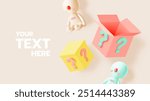 An imaginative illustration featuring toy figures and colorful mystery boxes on a beige background with customizable text space, ideal for playful themes,