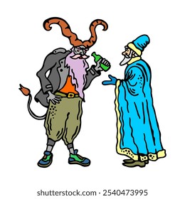 An imaginative illustration showing Krampus drinking beer while Saint Nicholas scolds him, highlighting a humorous twist on traditional folklore.