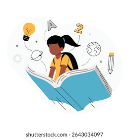 Imaginative Learning Journey Through Books. Vector illustration of a young girl wearing a backpack flying together over a large book