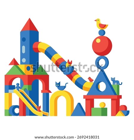 An imaginative playground built from primary colored blocks with a slide, a tower, arches, and cute animal figures, isolated on a white background.