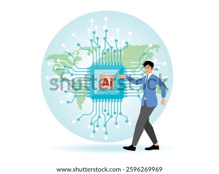 An imaginative representation of the use of AI in global business. Shows a man pointing to an AI letter icon on a world map. Flat vector illustration