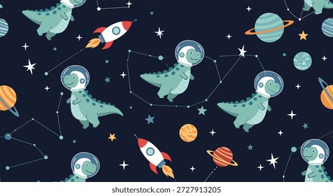 Modelo inconsútil imaginativo de los dinosaurios verdes del astronauta que flotan entre cohetes, planetas, estrellas, y constelaciones en azul oscuro.