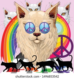 'Imagine' Cat Rainbow Peace and Love with the Four Liverpool Legendary Dudes Surreal Vector Illustration 
