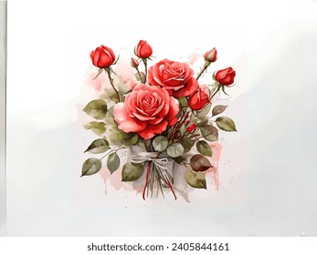Imagine prompt red rose watercolor bouquet, white background, -ar 3:2 