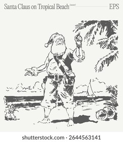 Imagine Santa Claus having fun on a sunny beach surrounded by palm trees and vibrant ocean waves