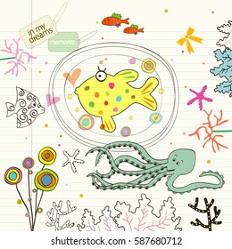 imagine the sea, seamless fun sea creatures doodle