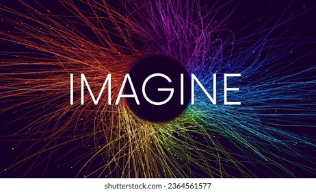 IMAGINE word written on background with colorful rainbow thin streams and glowing sparkling particles. Artificial intelligence or creative imagination concept background. Color explosion circle banner