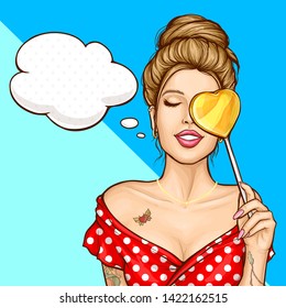Imagining amazing future pop art vector concept. Tattooed woman with lollipop candy in shape of heart, dreaming about something pleasurable with closed eyes pin up illustration. Shop sale ad banner