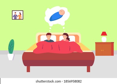 Imaginar el concepto de vector de bebé: Joven marido y mujer imaginando tener un bebé en la cama juntos