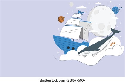 imagining blue ship, Blue whale, moon scene future ideas. human dreaming concept with abstract human silhouette with projection. Flat vector illustration.