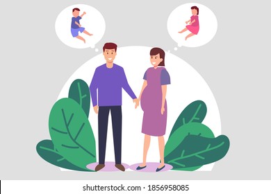 Imagining children vector concept: Young husband and pregnant wife imagining children together