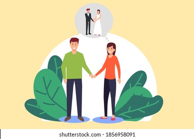 Imagining future vector concept: Young couple imagining romantic marriage while standing together