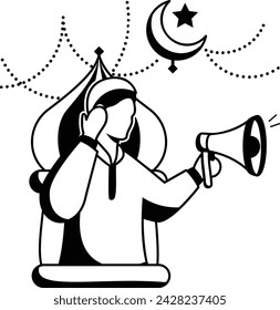 imam announcing the crescent moon visiblity vector design, Eid al-Azha or Eid ul Kabir Symbol, Hajj Sign, Muslims religious Festival illustration, muezzin holding loudspeaker at mosque minaret Concept