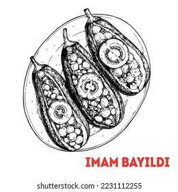 Imam Bayildi sketch, Turkish food. Hand drawn vector illustration. Turkish street food. Sketch style. Top view. Vintage vector illustration.