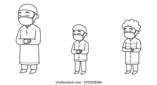 Imam and Makmum Characters Wearing Face Mask. Vector Illustration. Coloring Book Illustration.