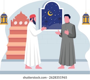 Imam Muqtadi greeting after Taraweeh night prayers concept, Spiritual conversation at Mosque vector design, Eid al-Adha scene, Eid-al-Kabir Hajj banner, Traditional Arabic Muslim Festival illustration