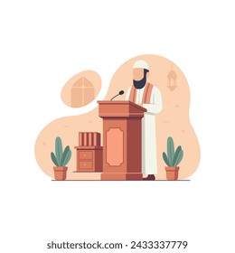 Imam Muslim giving a lecture on the mosque pulpit. Islamic concept vector illustration