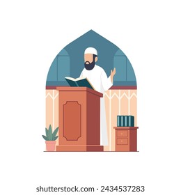 Imam Muslim giving a talk speech standing behind pulpit podium. Islamic concept vector illustration