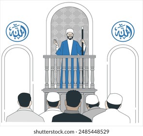 Imam Muslim giving a talk speech standing behind pulpit podium. Islamic concept vector illustration. Muslim call to prayer (azan). Muslim man praying silhouette of mosque. 2565