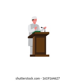 imam muslim standing giving speech in podium, religous prayer moslem icon in cartoon flat illustration vector isolated in white background