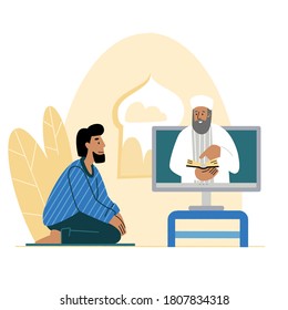 The imam reads the prayer online. Islamic religion. The believer prays. Concept Church and Liturgy online. Internet Church.