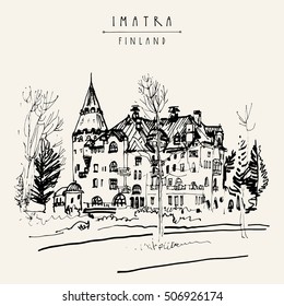 Imatra, Finland, Europe. Jugend style castle in a park. Travel sketch. Vintage hand drawn touristic postcard, poster, calendar or book illustration in vector